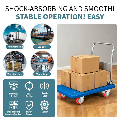 Rock Solid Heavy Duty 4 Inch Pvc Caster Wheels With Double Brake Swivel Plate Set For Workshop Garage Trolley Furniture Badass Rolling System With Socket Screw Hardware on a cart with boxes.