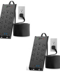 Heavy Duty Surge Protector Power Strip With Twelve AC Outlets Dual USB C Fast Charging Solid Slick Flat Plug Extension Cord Wall Mount Desk Charging Station Black Pack Of Two next to a wall outlet.