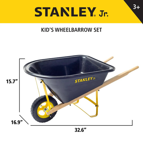 Six Piece Kid Friendly Wheelbarrow And Garden Tool Set With Apron And Gloves For Backyard Play, Durable toddler wheelbarrow