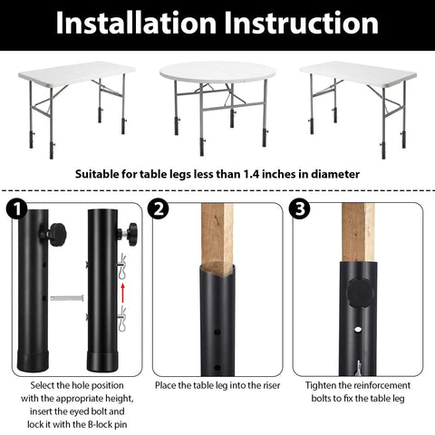 Installation instructions for Heavy Duty Folding Table Leg Extenders Four Pack Adjustable Table Risers Built Like A Tank To Level Up Your Setup Durable Carbon Steel.