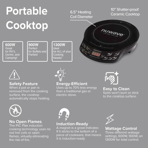 Flex Precision Induction Cooktop With Shatterproof Ceramic Glass 10.25 Inch Surface, shown with features and benefits list