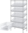 Top Shelf Heavy Duty Garage Shelving Rack 18X36X74 Inches Chrome Frame Unit With Twenty Clear Bins Smart Label Holder closeup of shelving unit and bin