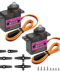 Pack of 2 9g Micro Servo Motor With Metal Gear, aluminum teeth, for RC cars, planes, and drones; includes accessories and screws.