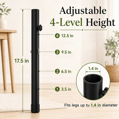 Adjustable 4-Level Height riser for Heavy Duty Folding Table Leg Extenders, 17.5 in tall, supports legs up to 1.4 in diameter.