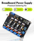 Adjustable LM2596 Power Supply Soldering Kit for DIY electronics with 1.5V 3.3V 5V 12V outputs on a breadboard.