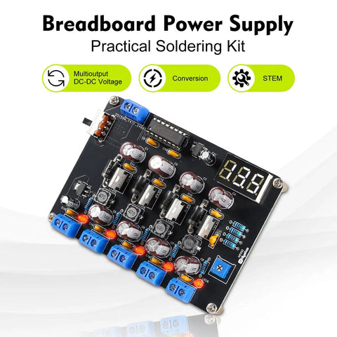 Adjustable LM2596 Power Supply Soldering Kit for DIY electronics with 1.5V 3.3V 5V 12V outputs on a breadboard.