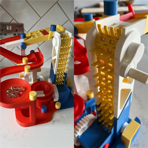 Dope Marble Run Components Kit 003 For Maker World 3D Print Hardware Printable Build Set For P1S DIY Marble Track System With Easy Setup Durable Parts And Kid Friendly Use Ideal For Makers And Hobbyists 1 Set, red and yellow printed tower with marbles