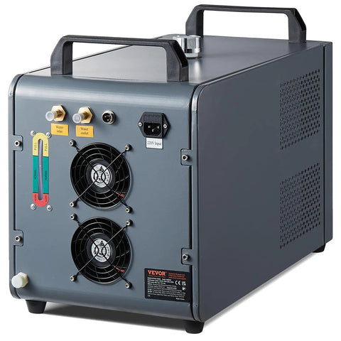 Badass Chill On Tap With This Heavy Duty Industrial Water Chiller Tuned For Co2 Laser Cutters And Engravers Up To 100W showing rear angle with connections, fans and tank details.