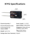 R7FG 7 Channel RC Gyro Receiver With Long Range FHSS Telemetry Water Splash Proof, specifications and dimensions shown