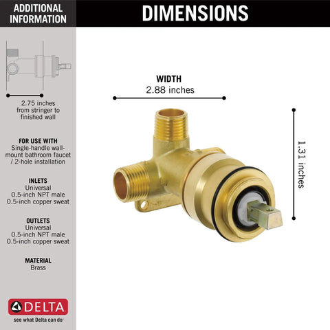 Wall Mount Rough In Valve For Single Handle Bathroom Faucets, Built Tough Forged Brass Body, Two And Three Quarter Inch Rough In Depth
