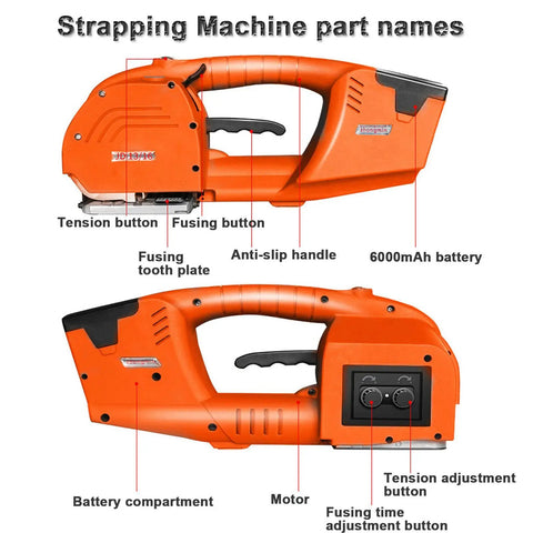 Cordless Electric Handheld Strapping Machine With Rechargeable Battery For Auto Tension And Melt Sealing Of Pp And Pet Strap Plug And Play bonding tool parts labeled