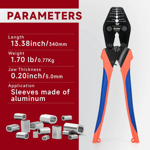 Heavy Duty Wire Rope Crimping Tool with Built In Cutter for Cable Railing, aluminum sleeves nearby