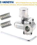 Front view of HZ-MONSTAR BPV-31 piercing valve kit in silver metal with Allen wrench for 1/4 in refrigeration tubing