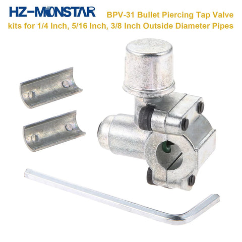 Front view of HZ-MONSTAR BPV-31 piercing valve kit in silver metal with Allen wrench for 1/4 in refrigeration tubing