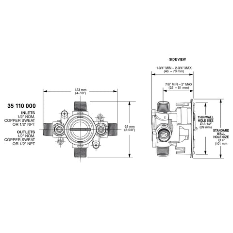 Technical diagram of GrohSafe 3.0 Pressure Balance Rough-In Valve For Showers, dimensions and plumbing connections shown
