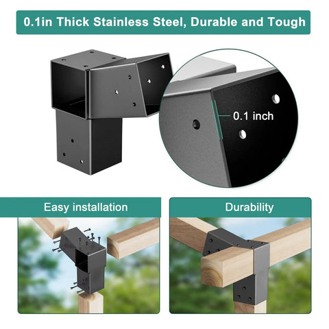 Two Pack Stainless Steel 15 Degree Slanted Roof Pergola Brackets for Wall Mounts 3 Way End Corner Black Outdoor Roof Kit for Pergolas and Firewood Sheds