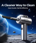 Ultra Powerful Cordless Air Duster with LED Light and 110000 RPM, on moon-like surface, futuristic background.