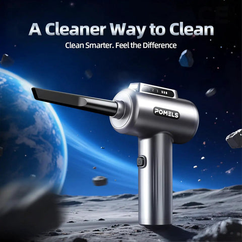 Ultra Powerful Cordless Air Duster with LED Light and 110000 RPM, on moon-like surface, futuristic background.