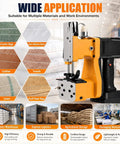 Handheld Portable Bag Sewing Machine For Farms And Logistics Sites With 2 Thread Spools, Battery Powered Woven Sac Sealer highlighted with various materials.