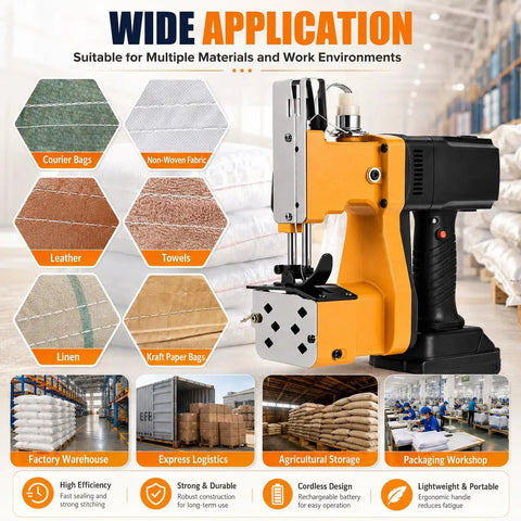 Handheld Portable Bag Sewing Machine For Farms And Logistics Sites With 2 Thread Spools, Battery Powered Woven Sac Sealer highlighted with various materials.