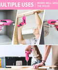 Collage showing Pink Cordless Mini Screwdriver Kit With 3.7V Rechargeable Power used in home improvement tasks, handheld use