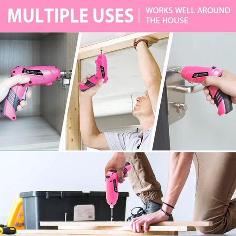 Collage showing Pink Cordless Mini Screwdriver Kit With 3.7V Rechargeable Power used in home improvement tasks, handheld use