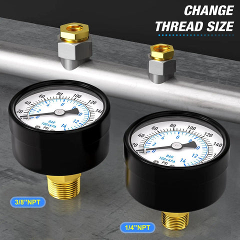 Well Pump Pressure Gauge 0 to 200 Psi With 2 Inch Dial Face Center Back Mount One Eighth Npt hex bushings