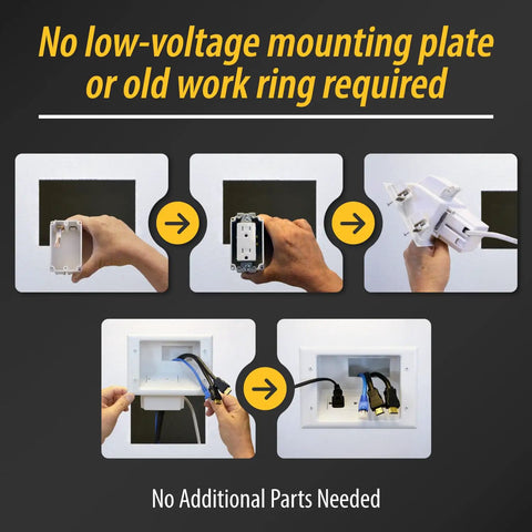 Installation steps for Recessed Low Voltage Cable Plate With Built In Duplex Receptacle Outlet No Fuss Easy Install Tamper Resistant Safe Power Kit For Home Theater TV Setup And Cable Management White.