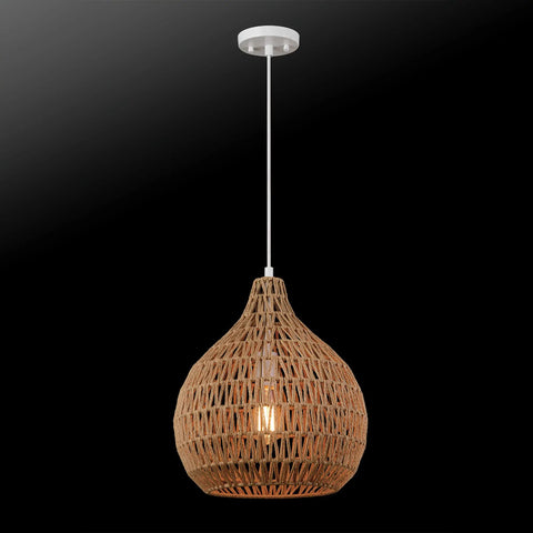 Japandi Inspired Tika 1-Light Pendant With Natural Blonde Twine Shade And White Cloth Cord Rustic Chic Ceiling Light For Dining Rooms