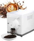 Hassle Free Top Tier 1600W Heavy Duty Electric Coffee Bean Roaster with beans spilling into a bowl and latte art background.