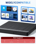 External Blu Ray Drive On The Go Portable Blu Ray Player And CD DVD Burner With USB 3 And Type C Reader Read BD DVD CD Plug And Play Lightweight For Windows Mac Linux 2 In 1 black slim drive shown with Windows, Mac, and laptop compatibility