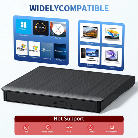 External Blu Ray Drive On The Go Portable Blu Ray Player And CD DVD Burner With USB 3 And Type C Reader Read BD DVD CD Plug And Play Lightweight For Windows Mac Linux 2 In 1 black slim drive shown with Windows, Mac, and laptop compatibility