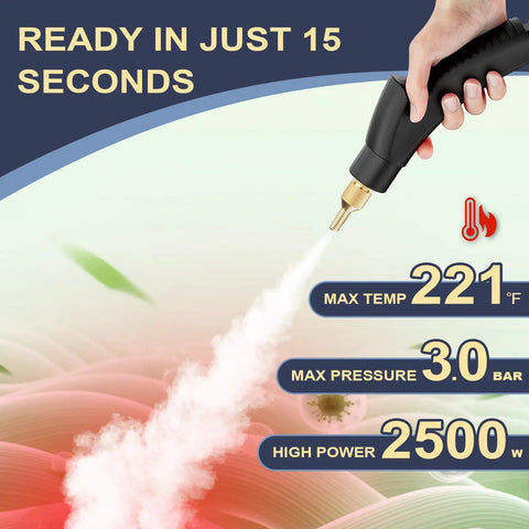 Powerful Portable Handheld Steam Cleaner With Six Adjustable Levels And 15 Second Rapid Heat Up Time, showing steam nozzle and specs.