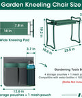 Diagram of Two In One Garden Kneeler With Umbrella And Portable Stool dimensions, showing kneeler width, height, and tool bag.