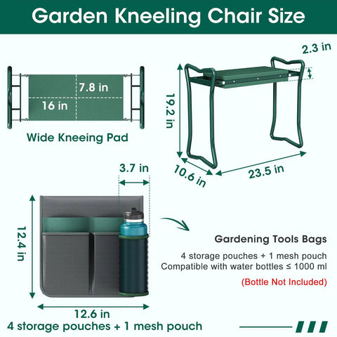Diagram of Two In One Garden Kneeler With Umbrella And Portable Stool dimensions, showing kneeler width, height, and tool bag.