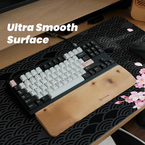XL Gaming Mouse Pad With Anti Slip Rubber Base And Stitched Edges, Anime Black Cherry Blossom Design, under keyboard and mouse