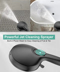Single-Handle Shower Faucet Kit With Built-In Power Wash spraying tiles and tub, matte black with 9-spray head and hose.