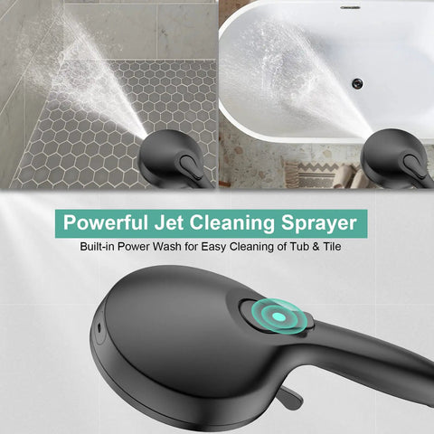 Single-Handle Shower Faucet Kit With Built-In Power Wash spraying tiles and tub, matte black with 9-spray head and hose.