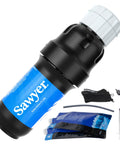 Portable Squeeze Water Filtration System With Two 32 Oz Pouches, straw, and hydration pack adapter displayed with accessories.