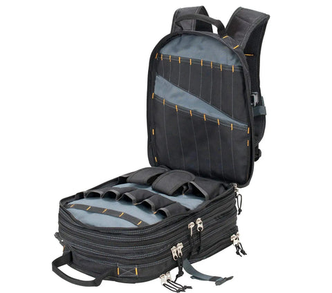 Open 75-Pocket Tool Backpack With 6 Zippered Compartments, Adjustable Padded Shoulder Straps, and Plastic Tray Organizer