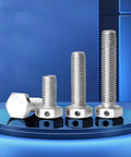 M12 stainless steel hex head bolt with hole for safety wire, 4-pack; silver hardware for marine and automotive use.