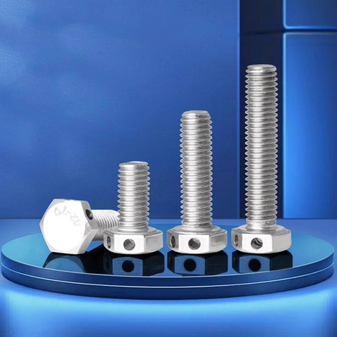 M12 stainless steel hex head bolt with hole for safety wire, 4-pack; silver hardware for marine and automotive use.