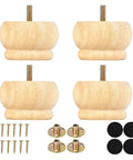 2 Inch Unfinished Round Furniture Legs Set Of 4 Natural Solid Wood Bun Feet With Recessed Base And Predrilled M8 Bolts For Gap Free Fit Easy Mounting Sturdy Diy Furniture Makeover For Tables Cabinets And Sofas displayed with screws and pads