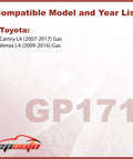 Compatible models and years for Engine Air Filter Replacement for Toyota Camry and Venza 2.4L 2.5L L4 Rigid Panel Filter