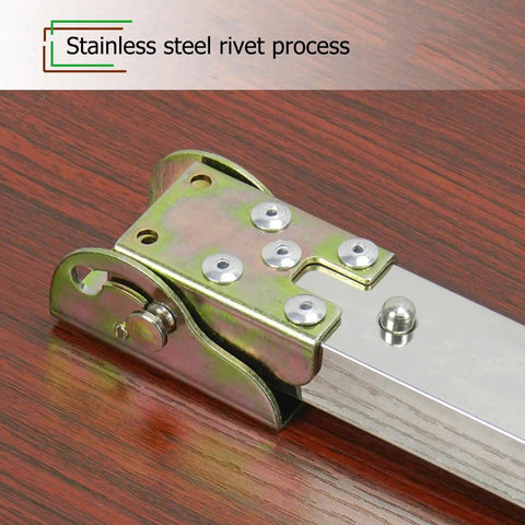 Close-up of stainless steel rivet process on Built Tough Hassle Free Stainless Steel Folding Table Legs for Dining Desk and Bar Rig.