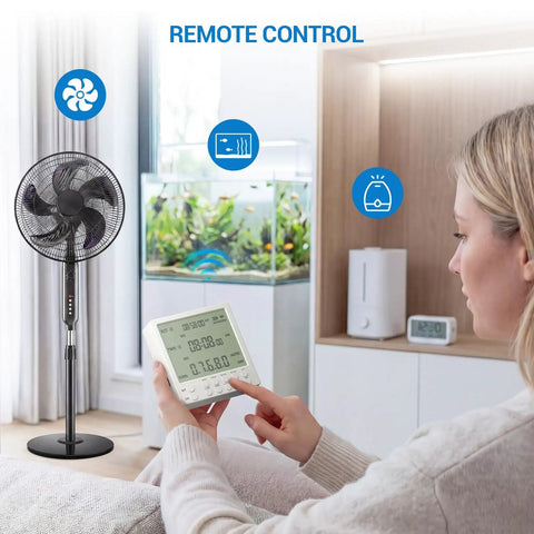 Smart Wireless Timer Outlet Expandable To 19 Plugs Plug And Play Scheduling Live Energy Tracker Remote Countdown Switch No Sweat Routine Programming For Lamps Fans And Pets Two Pack with remote control and standing fan.