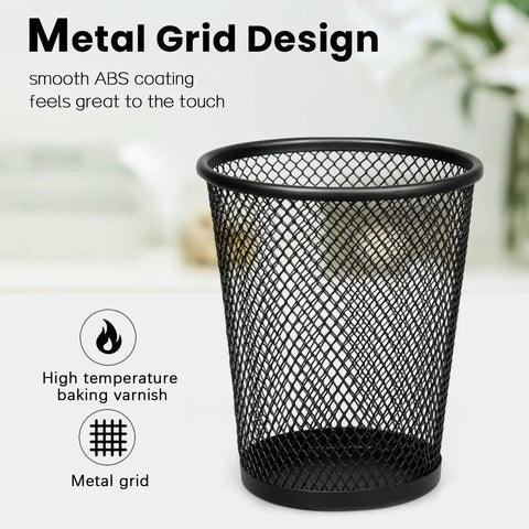 Front view of Black Mesh Pencil Holder Metal Pen Cup Desk Organizer, space-saving caddy for office, school, and home use.