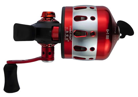 Bowfishing Spincast Reel For Slingshot Bow Left Or Right Handed 3.6 To 1 Gear 76 Yards Of 4 Lb Line Side View