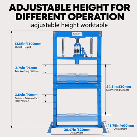Badass 12 Ton Hydraulic H Frame Shop Press With Sweet Adjustable Table and Solid Stamping Plates showing adjustable height and dimensions.