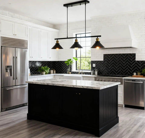 3 Light Kitchen Island Pendant Light Fixture Dope Farmhouse Linear Hanging Lighting Industrial Chandelier Matte Black Finish For Kitchen Bar Dining Room Pool Table over modern kitchen island with marble counter.